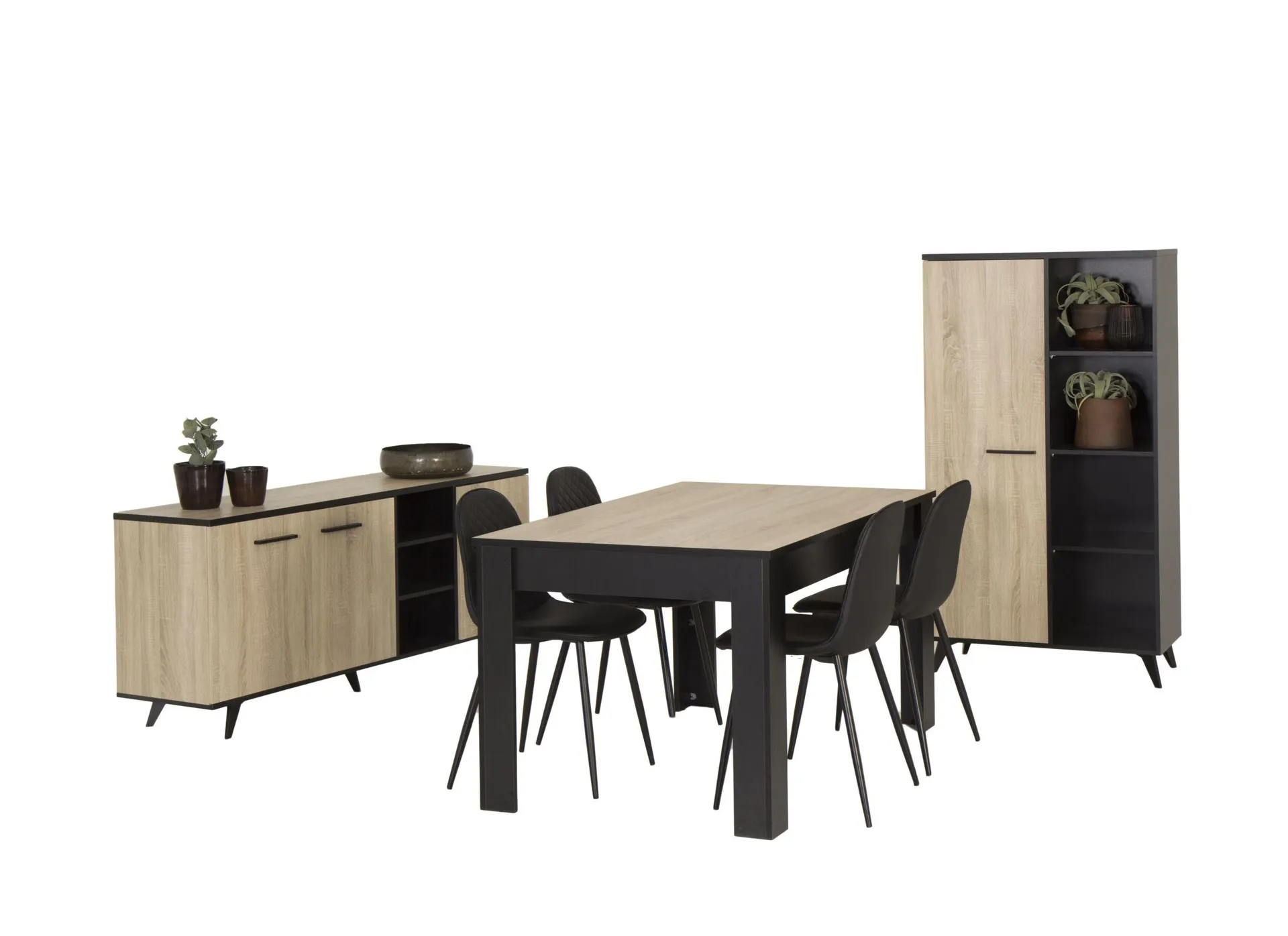Eetkamer Wayne met 4 stoelen Chuck - tafel 140x90cm - dressoir 160,7cm - barkast 83cm