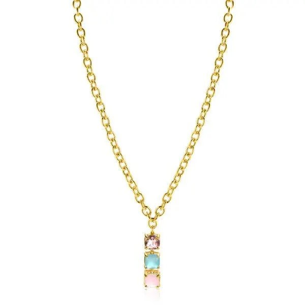 ZINZI gold plated zilveren schakel ketting 43-45cm met luxe hanger (30mm) van drie vierkante zettingen bezet met roze en turquoise kleurstenen ZIC2454