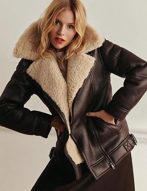 Faux Shearling Borg Lined Aviator Jacket