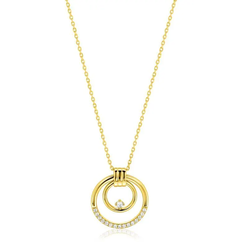 ZINZI goldplated zilveren ketting 45cm met elegante dubbele ronde hanger (24mm) speels bezet met witte zirkonia's ZIC2819