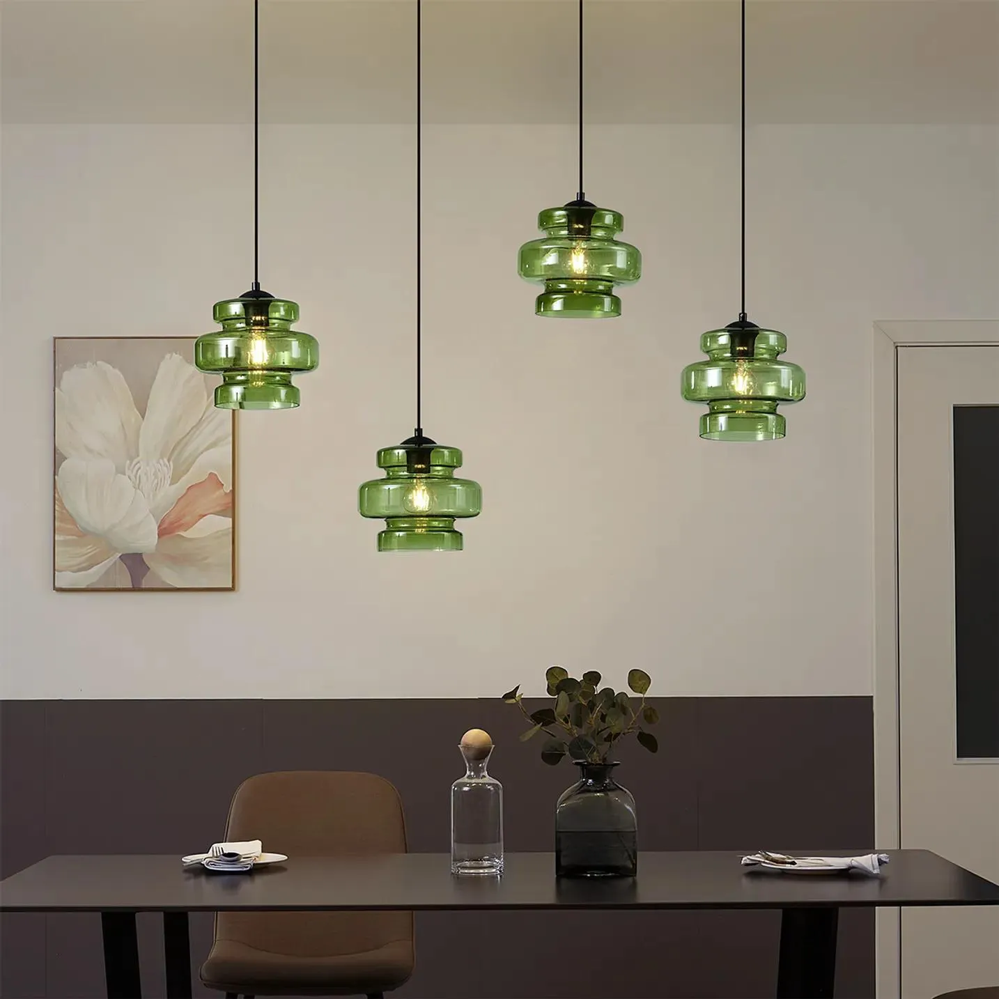 Retro hanglamp zwart met groen glas 4-lichts - Denise