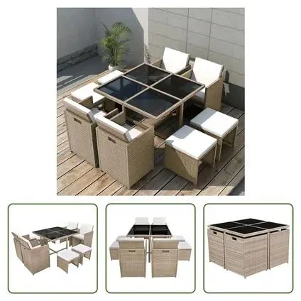 vidaXL Salon de jardin encastrable avec coussins 9 pcs Rotin Beige
