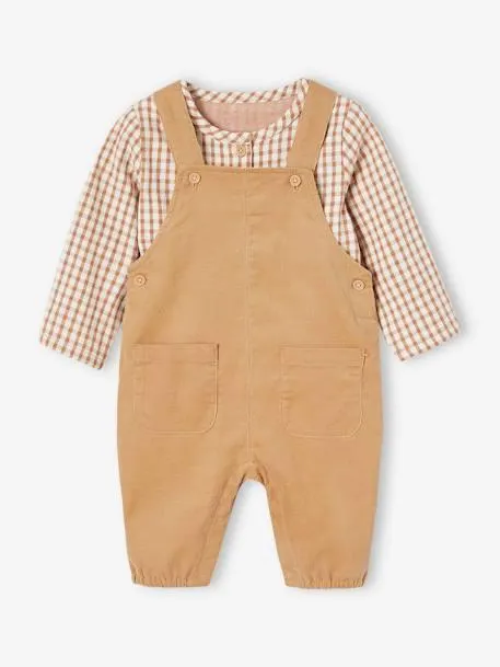 Ensemble bébé salopette en velours et chemise à carreaux - taupe