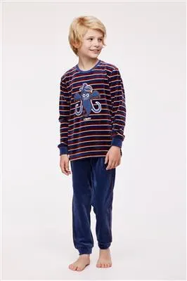 Woody Pyjama - bruin-donkerblauw streep