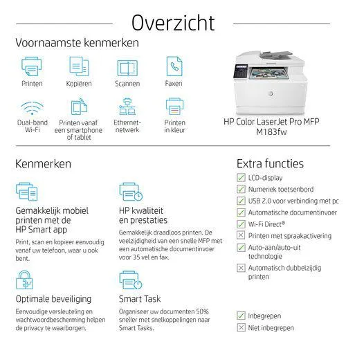 HP Color LaserJet Pro MFP M183fw, Printen, kopiëren, scannen, faxen, Automatische documentinvoer voo