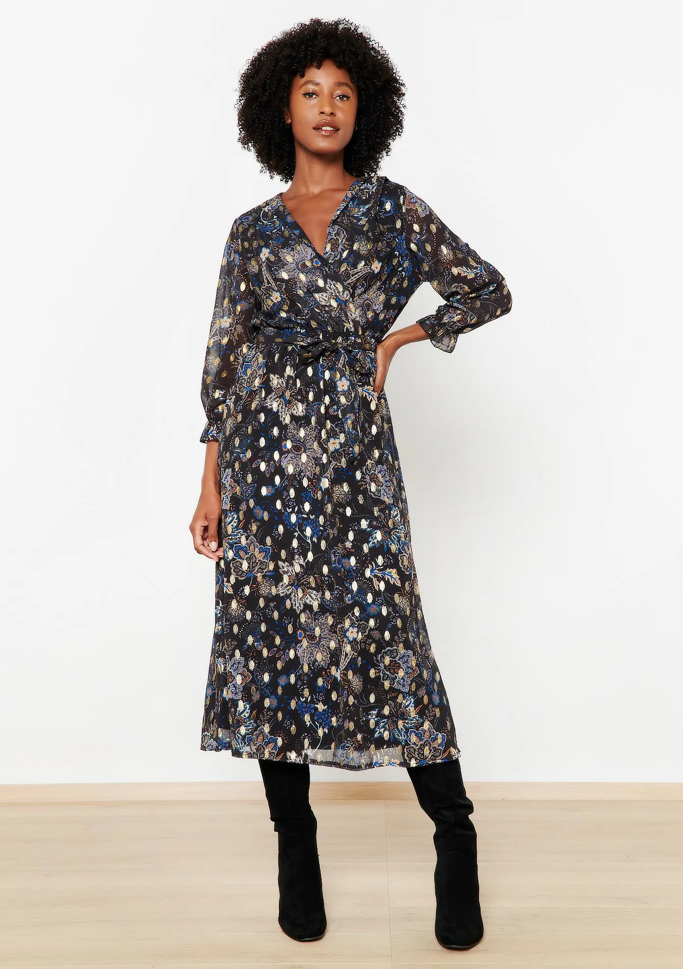 Wrap dress with paisley foil