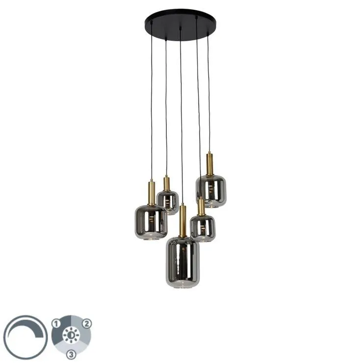 Hanglamp zwart met goud met smoke glas incl. 5 PUCC - Zuzanna