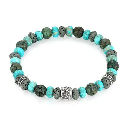 Armband in edelstaal, turquoise en groene half edelstenen