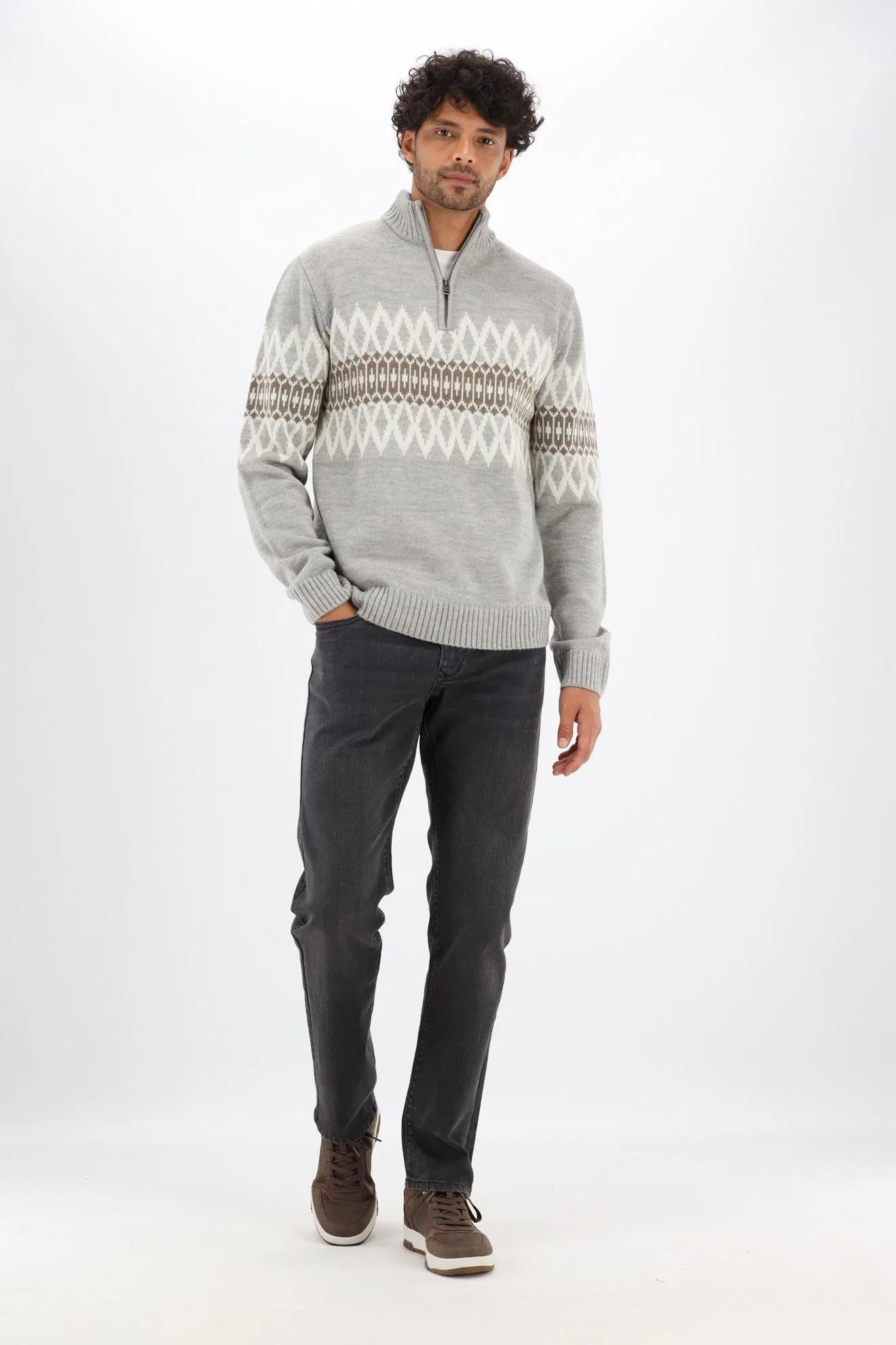 Lichtgrijs/wit/taupe trui met nordic pattern