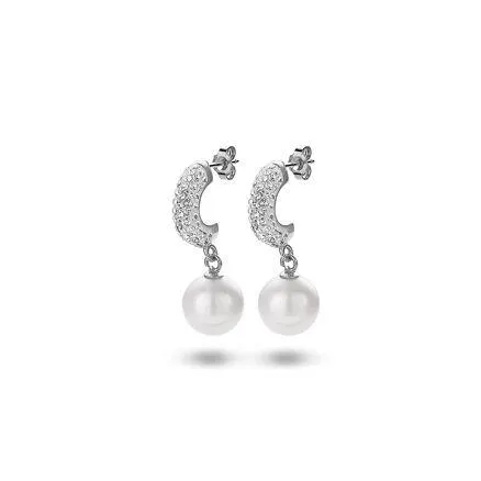 Oorbellen in zilver, parel, witte kristallen