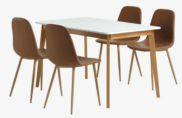 JEGIND L130 tafel wit + 4 JONSTRUP stoelen cognac