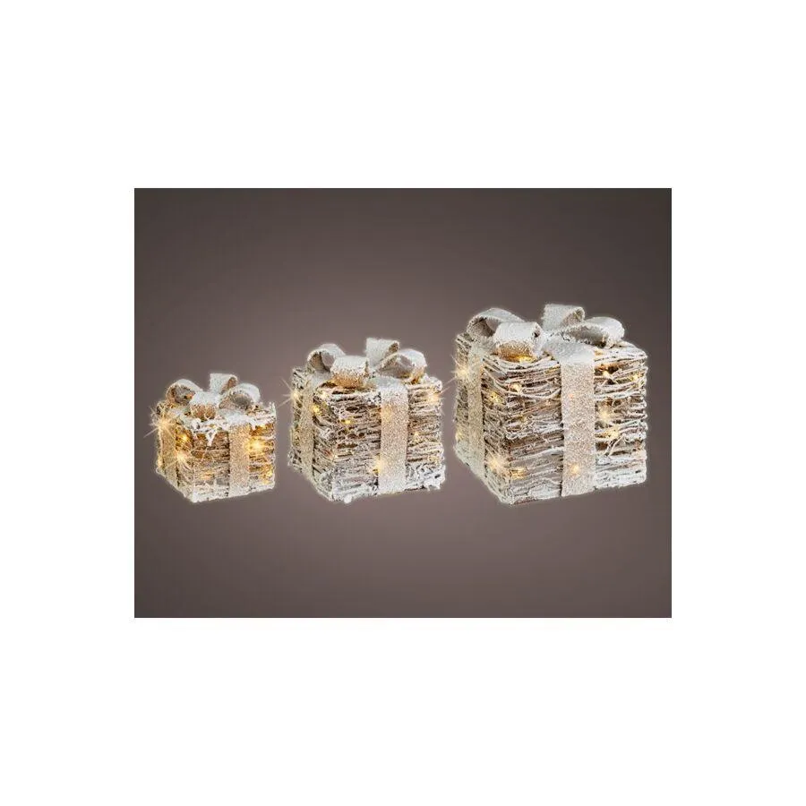 Lumineo 481196 LED Giftbox Rotan Met Strik - Set Van 3 - 25 x 25 x 30 cm