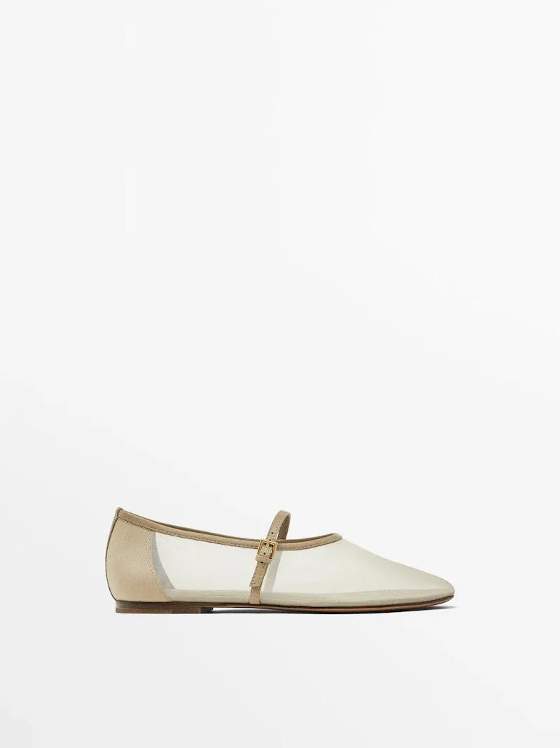 Mesh ballet flats with strap across the instep