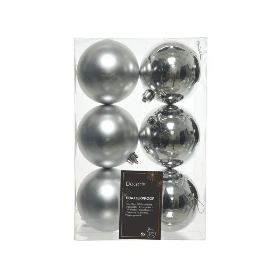 Decoris 00541076 Kerstballen Kunststof Zilver Mix - 6 stuks