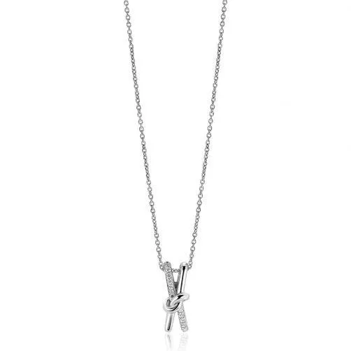 45cm ZINZI zilveren ketting met cross-over hanger 19mm met knoop, bezet met witte zirconia's ZIC2505