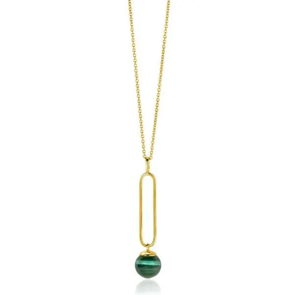 ZINZI gold plated zilveren ketting met lange ovale hanger en bungelende groene cateye in bolvorm 40-45cm ZIC2420