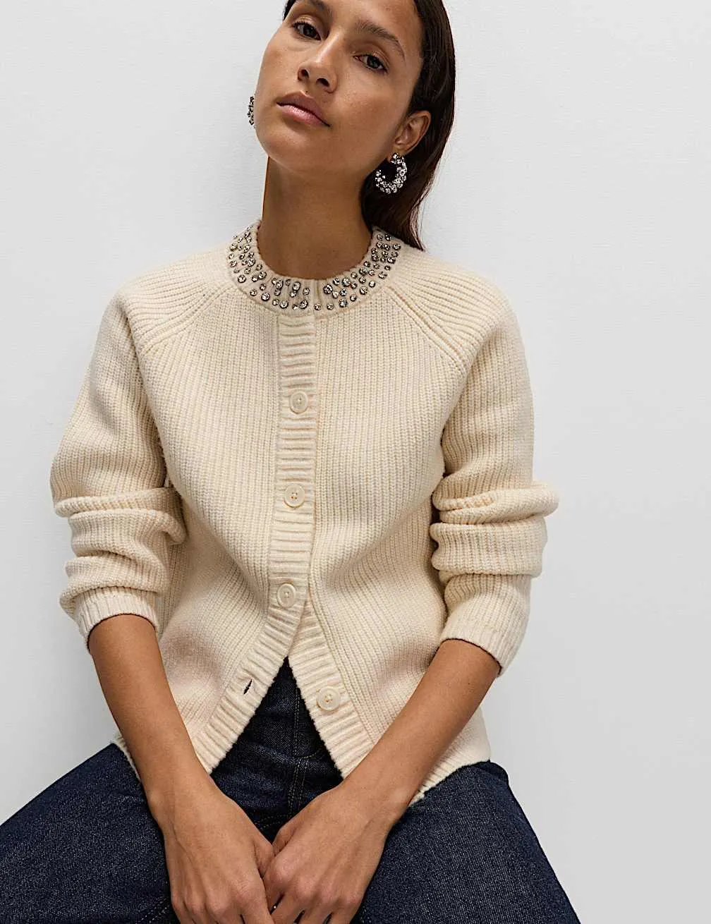 Textured Embellished Button Front Cardigan