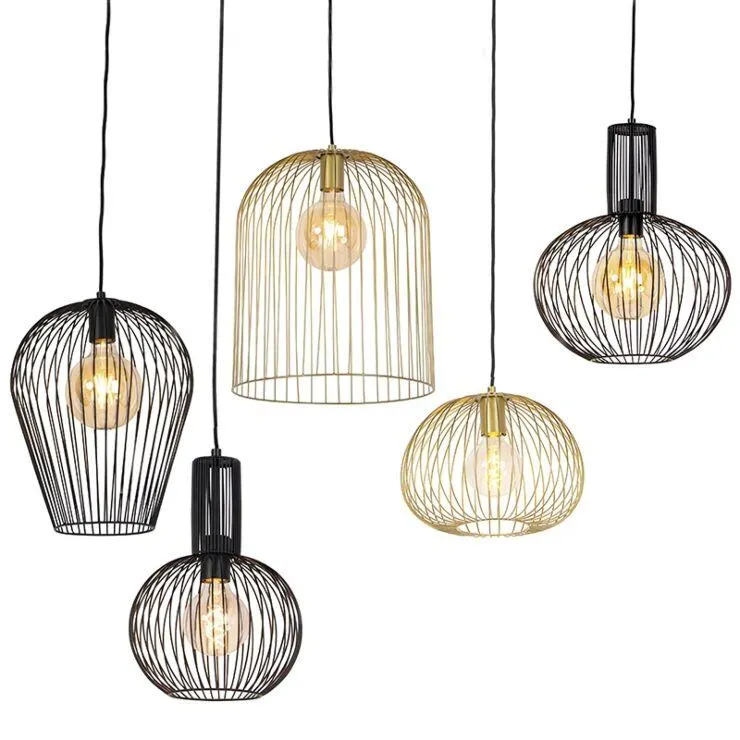 Set van 5 design hanglampen zwart en goud - Wires