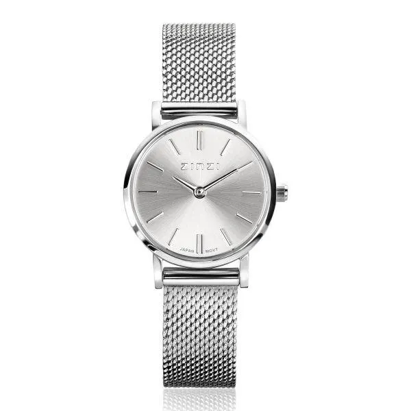 ZINZI Retro Mini horloge zilvergekleurde wijzerplaat, zilverkleurige kast en stalen mesh band, 24mm extra dun ZIW1802