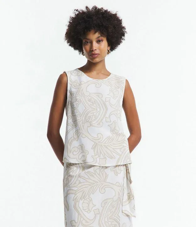 Blusa Sem Manga em Viscolinho com Arabescos Estampados Off White