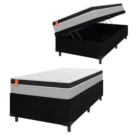 Cama Box Baú Solteiro Colchão Molas Ensacadas Real 88x188x68cm Preto / Cinza - Suporta até 130kg por Pessoa