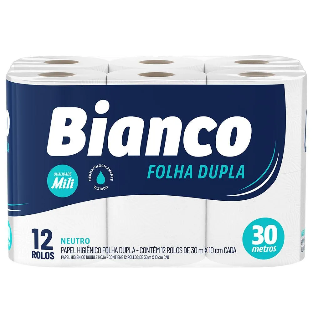 Papel Higiênico Folha dupla Mili Bianco 30m Com 12 Rolos