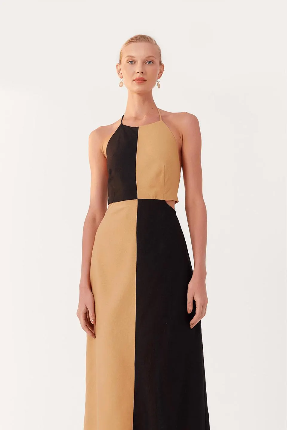 Vestido Linho Midi Bicolor