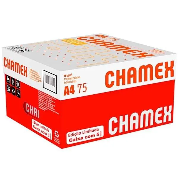 Papel Sulfite A4, 75g, 210x297, Alcalino, Branco - Caixa com 5 resmas, Chamex CX 2500 FL