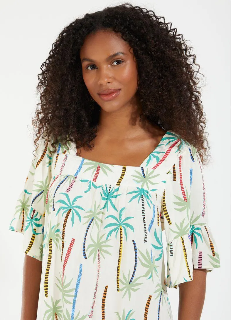 Vestido curto manga ampla estampado coqueiral off white