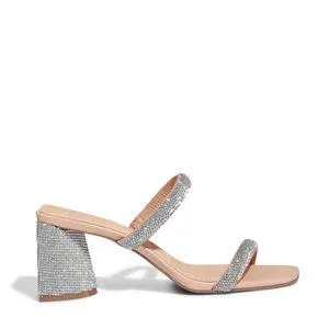Sapato Mule Bege Strass Salto Bloco