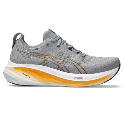 Tênis ASICS GEL-Nimbus 26 - Masculino - Cinza e Azul Marinho com Branco e Laranja