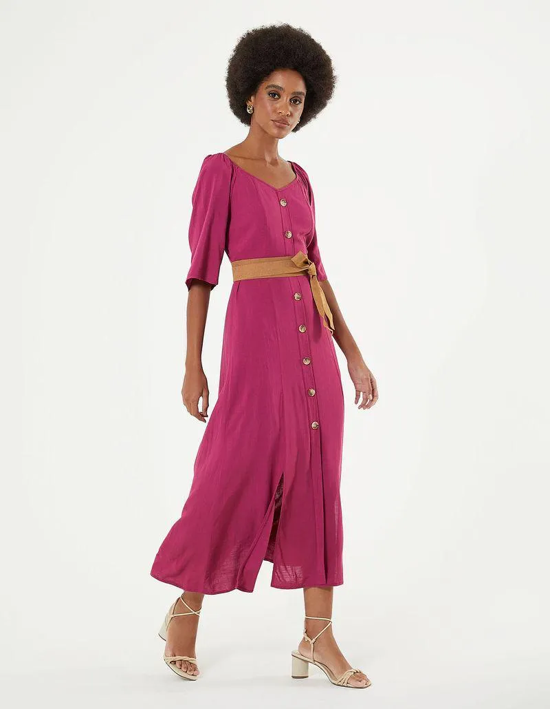 Vestido Botões Recortes Fenda - Pitaya
