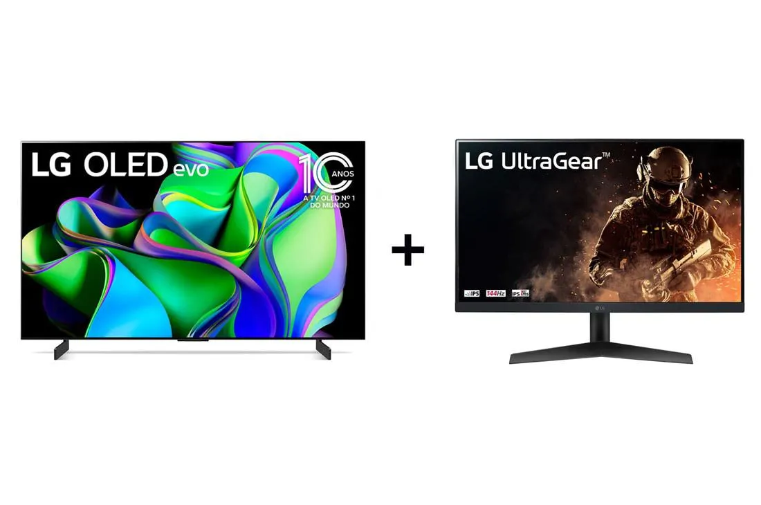 Smart TV LG OLED evo C3 42” 4K, 2023 + Monitor Gamer LG UltraGear Tela IPS de 24”, Full HD (1920 x 1080), 144Hz, 1ms (GtG), HDMI, DisplayPort, HDR10, AMD FreeSync, Dynamic Action Sync – 24GN60R