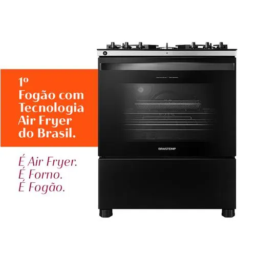 Fogão Brastemp 5 Bocas Preto Com Mesa de Vidro, Função Air Fryer e Turbo Chama - BFS5LAE