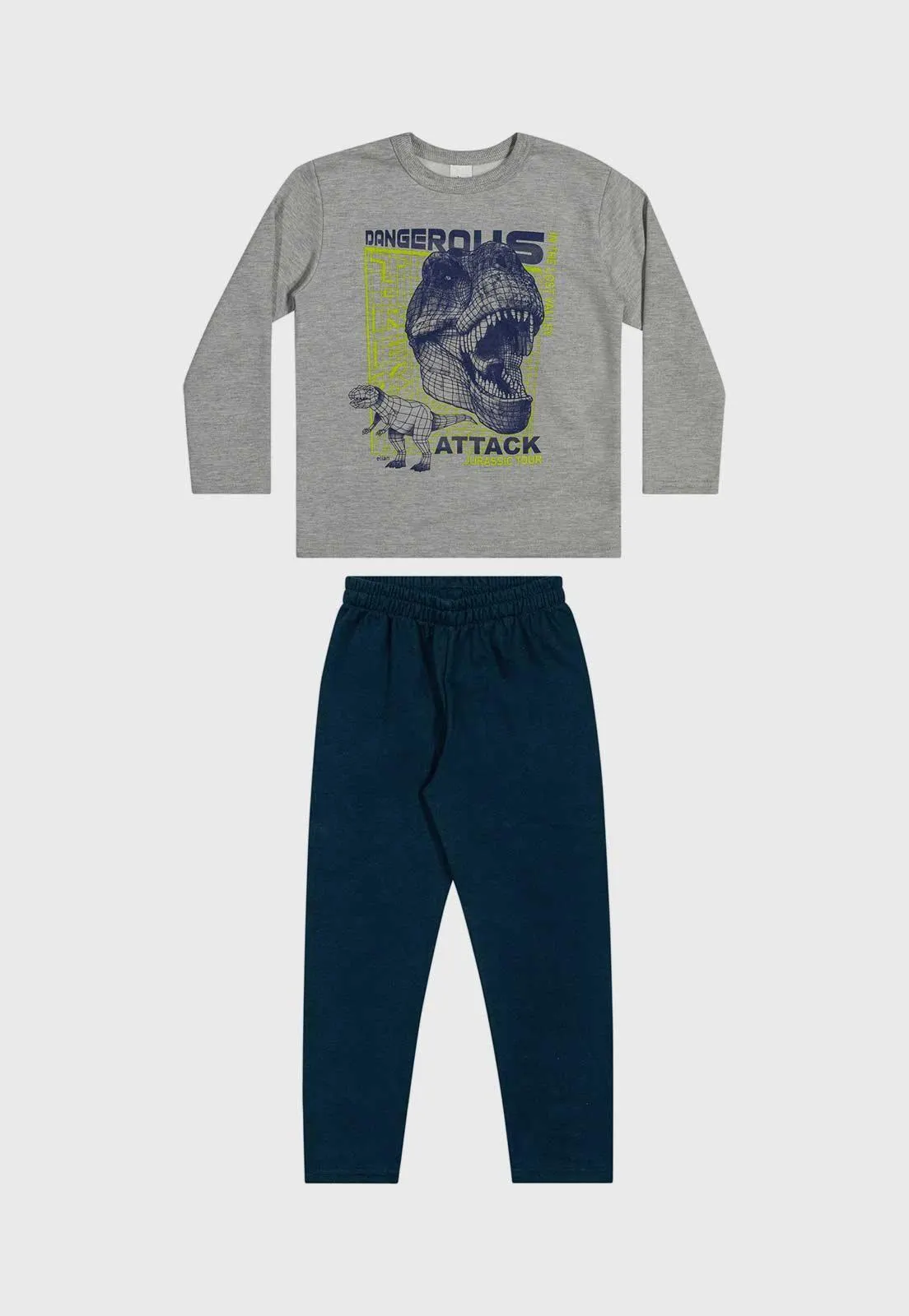 Conjunto Infantil 2pçs Manga Longa Elian Dinossauro Cinza/Azul-Marinho