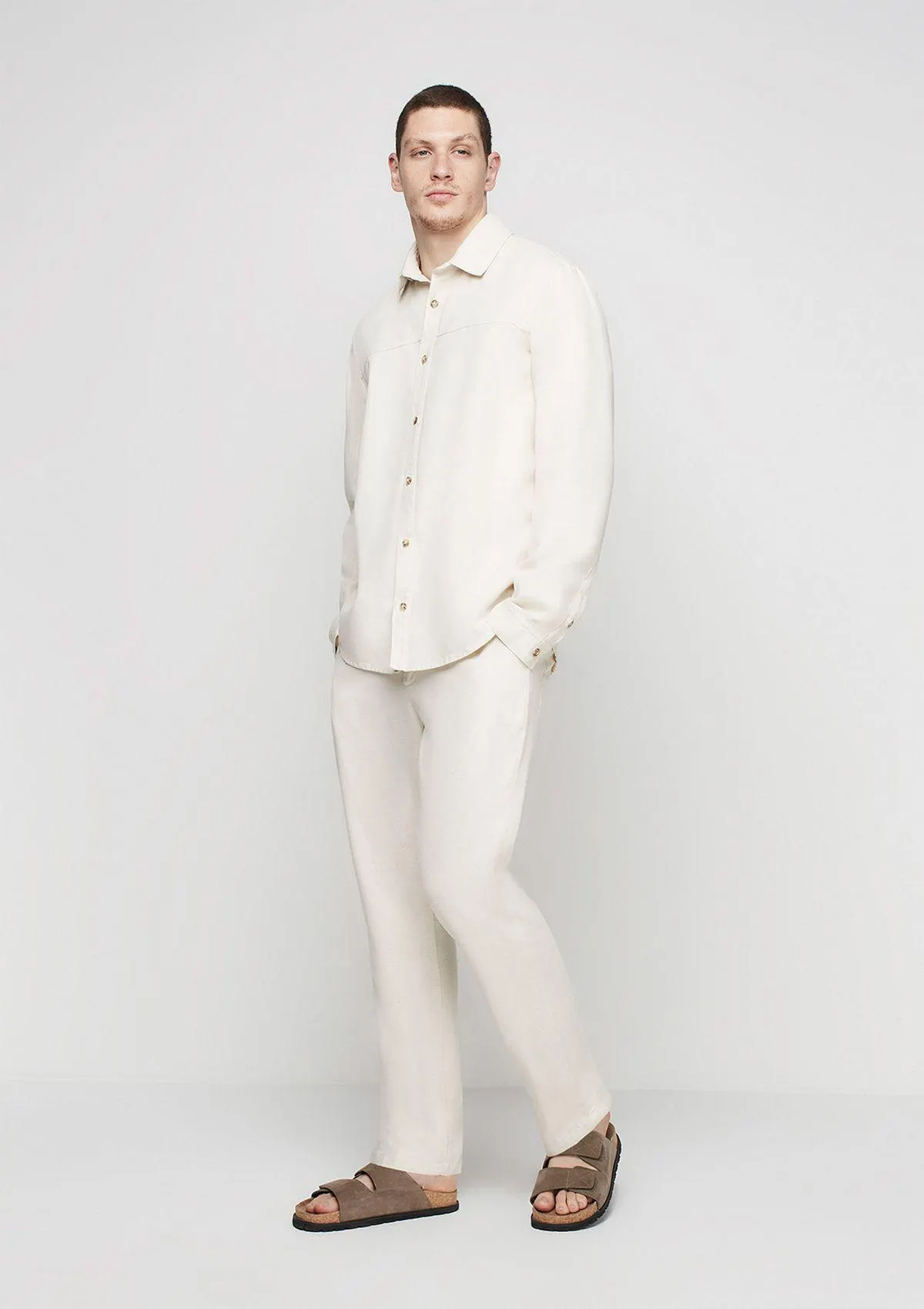 Camisa Masculina Manga Longa Com Linho - Bege