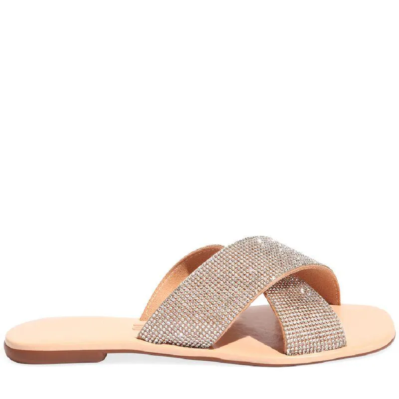 Rasteira Bege com Tiras Grossas de Strass Prata