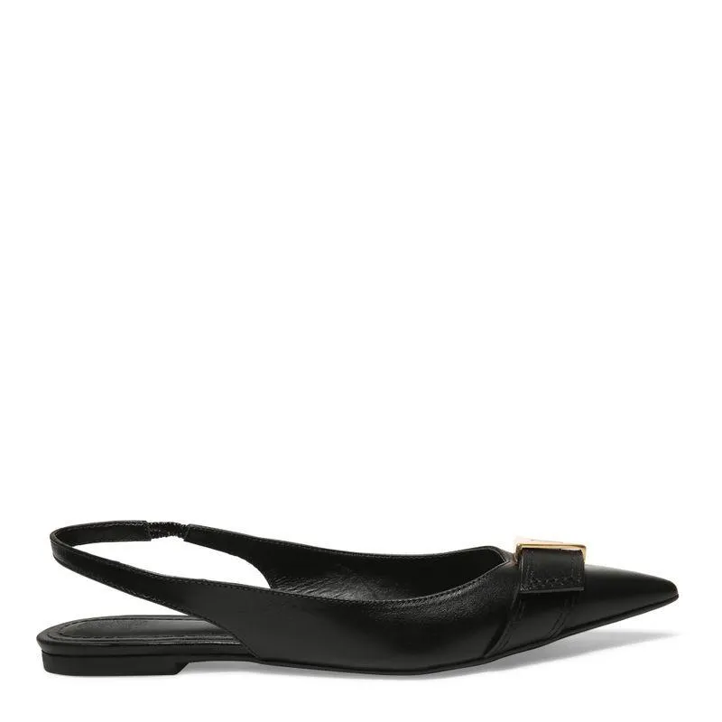 Sapatilha Preta Couro Bico Fino Slingback Metal