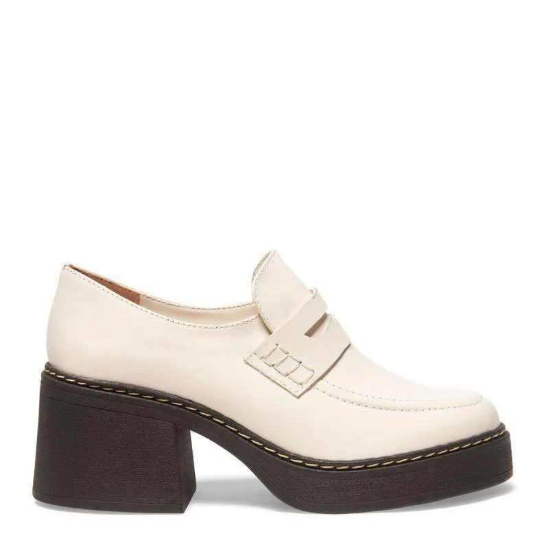 Sapato Mocassim Branco Couro Salto Bloco