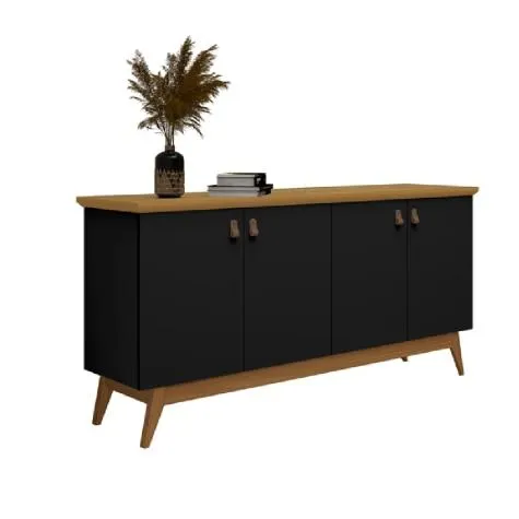 Balcão Aparador Buffet Absoluto 1,6m 4 Portas com Pés de Madeira Retrô Preto/Nature J&A