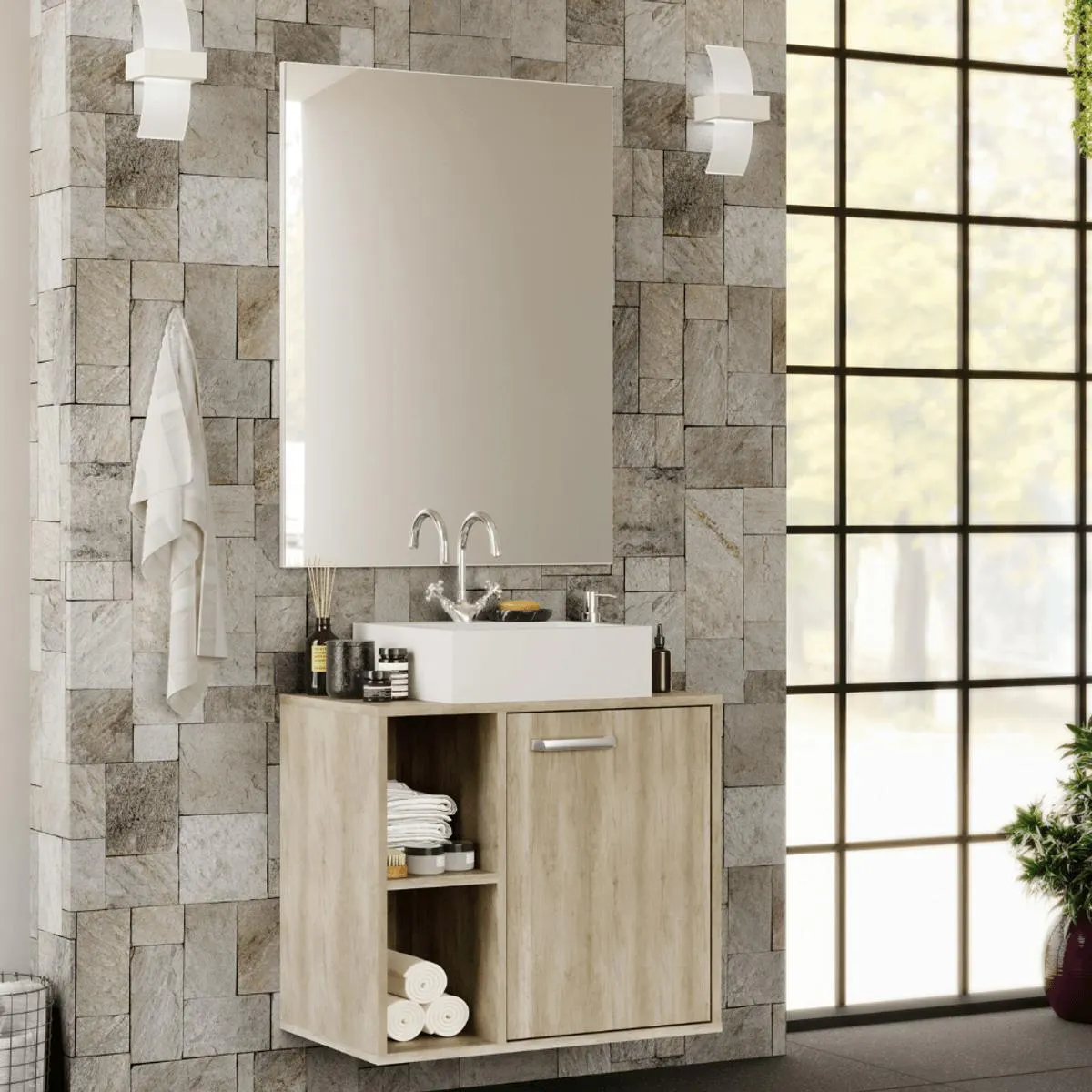 Conjunto para Banheiro Gabinete Anne 60cm Barrique e Espelheira Malta Branca Móveis Bosi