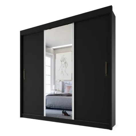 Guarda Roupas Casal Com Espelho 3 Portas de Correr 4 Gavetas Barcelona Preto