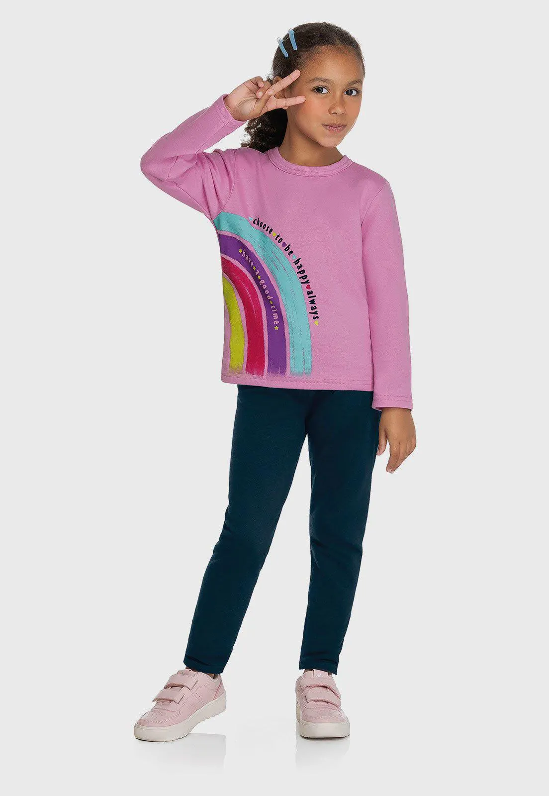 Conjunto 2pçs Manga Longa Infantil Elian Rainbow Rosa/Azul-Marinho