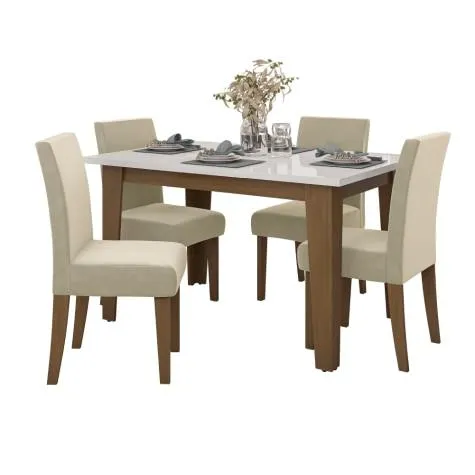 Conjunto de Mesa Sala de Jantar Miami com 4 Cadeiras Trieste Suede 1,20m Cedro / Off White / Areia Dobuê