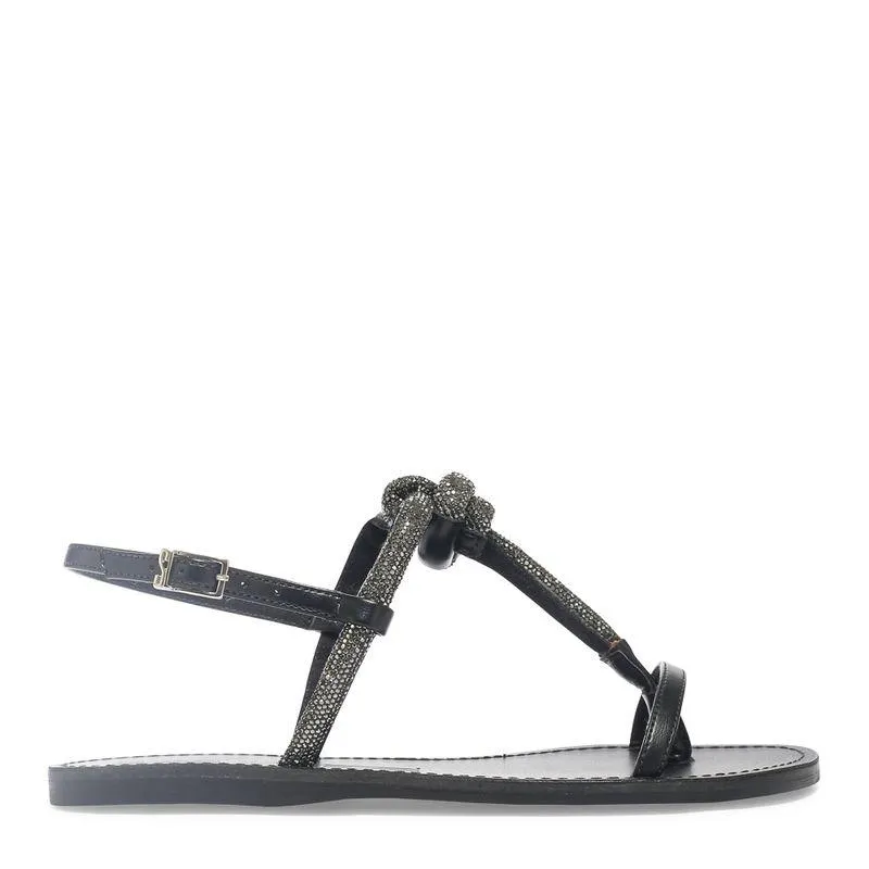 Sandália Rasteira Preta Nó Strass