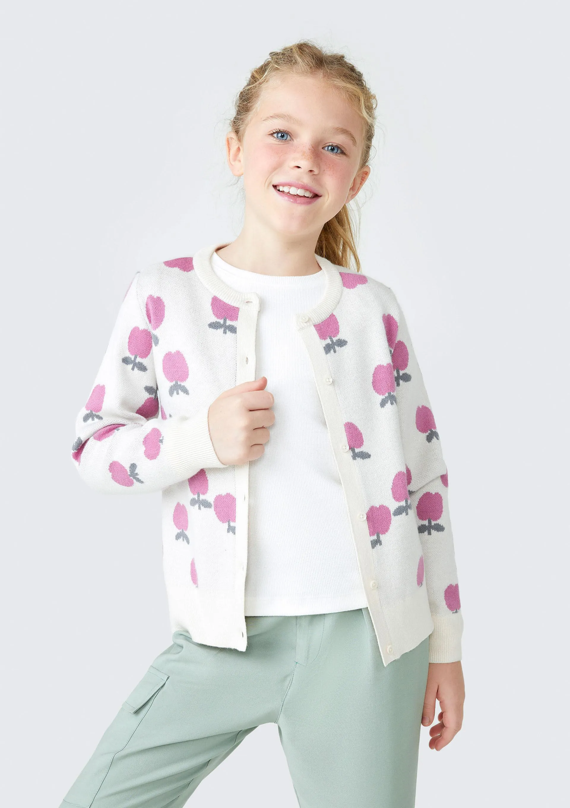 Cardigan Infantil Menina Em Tricô Estampado - Off White