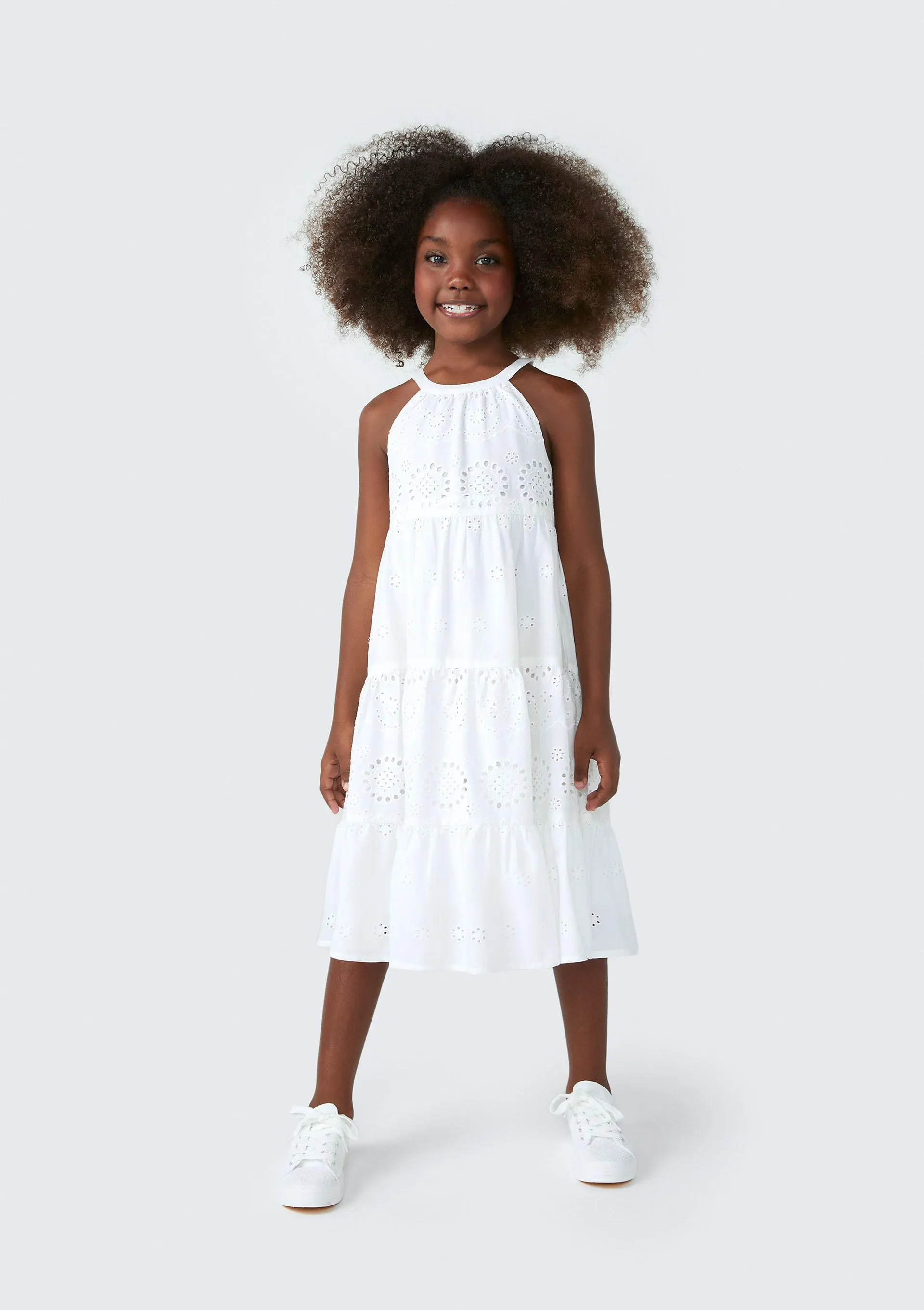 Vestido Midi Infantil Gola Alta Com Laise - Branco