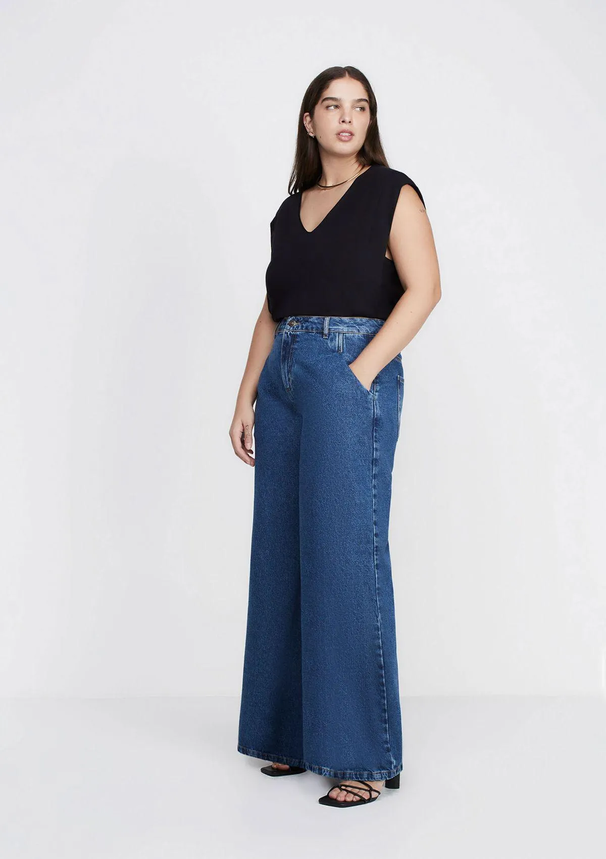 Calça Jeans Pantalona Cintura Média - Azul