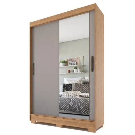 Guarda Roupas Solteiro Leblon com Espelho 2 Portas de Correr 2 Gavetas Naturale / Off White