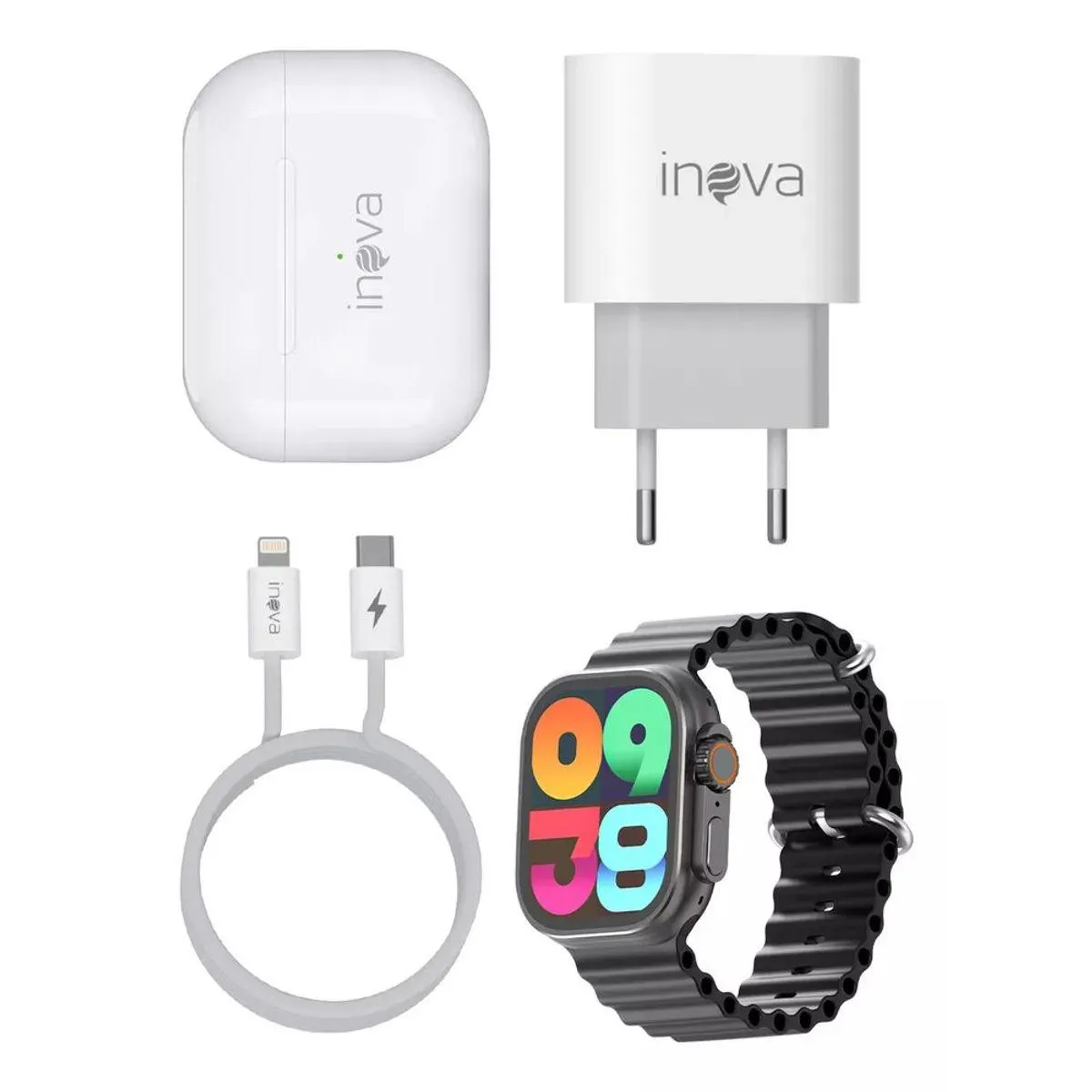 Kit Smartwatch Inova Com Pulseira Respiravel Preto Fone E Carregador (MP)